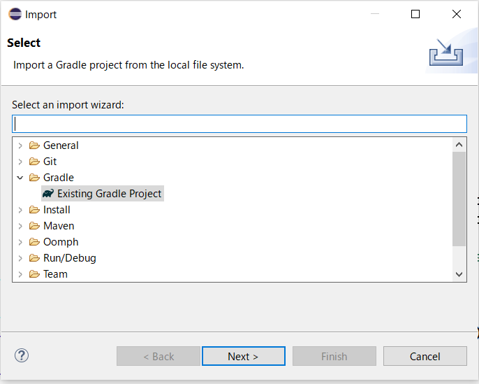 importメニューを開いたら「Gradle」と書いてある折りたたみを展開して「Existing Gradle Object」をクリックで選択します。