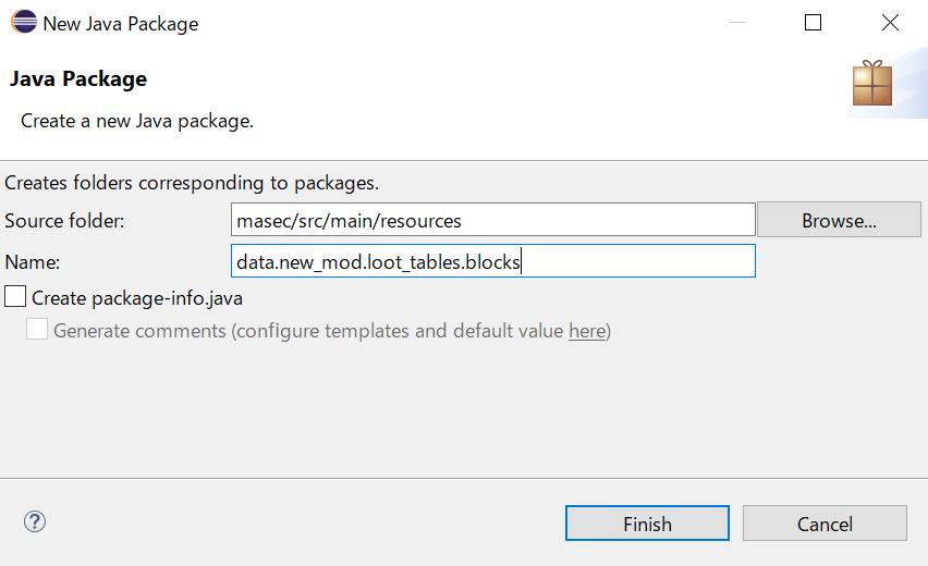 「New Java Package」ウィンドウからパッケージを作成します。