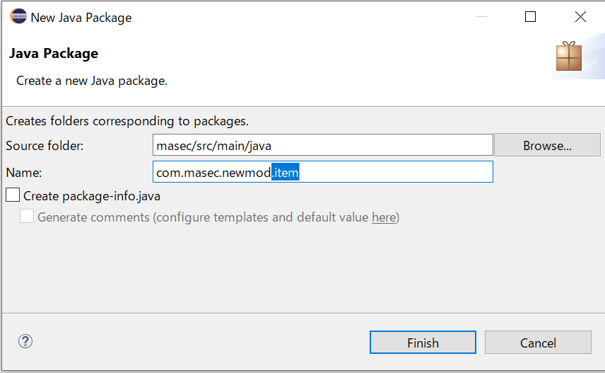 「New Java Package」ウィンドウからパッケージを作成します。